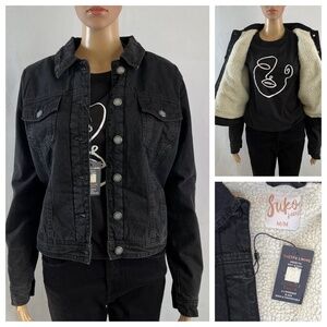NWT Suko Jeans Sherpa Lined Trucker Black Denim Jacket, Size M